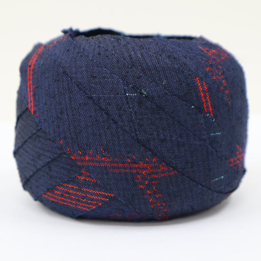 藍色に赤の絣柄・紬(Y02403024)