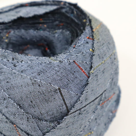 灰青色に水色・黄・赤・黒の縞柄・紬(Y02401001)